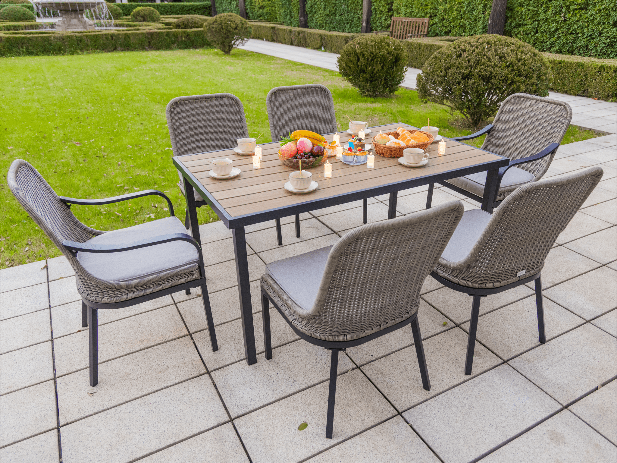 7Pcs Patio Dining Set for Backyard Garden Deck Poolside/Plastic Wood Table Top, Removable Cushions